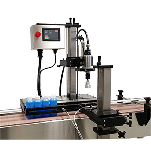 Auto-Mate Automatic Capping Machine tightens caps from 10 - 130mm in diameter, and accommodates bottles from 0.5 - 6.5 inches wide.